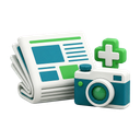 3D news publication, camera and pharmacy symbol