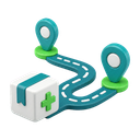 3D pharmacy delivery route connecting a parcel and map pins