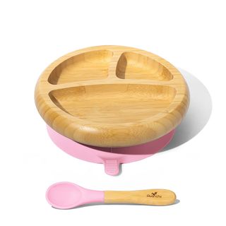Avanchy Bamboo Divided Suction Plate & Spoon Pink - 2-Piece Set