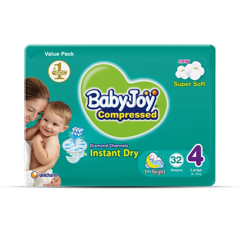BabyJoy Compressed Tape Diapers Value Pack, Size 4 Large, 10-18 kg - 32 Diapers