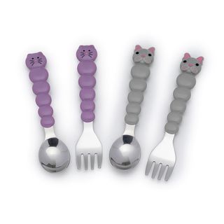 Melii Animal Spoon & Fork Sets Purple Cat & Grey Bulldog, 12m+ - 4 Pieces