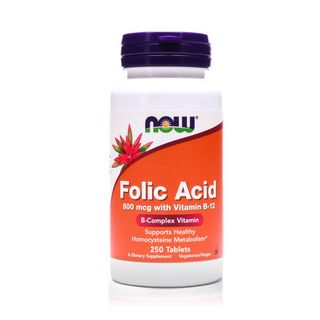 NOW Folic Acid 800 mcg with Vitamins B12 Tablets, 250